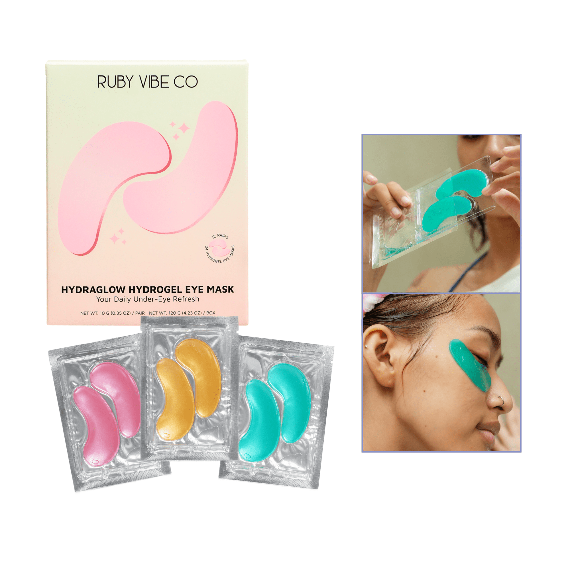 RUBY VIBE CO HydraGlow Hydrogel Eye Mask, Hydrating & Revitalizing, Under-Eye Refresh, Gel Form, Collagen & Hyaluronic Acid, Cooling, 12 Pairs