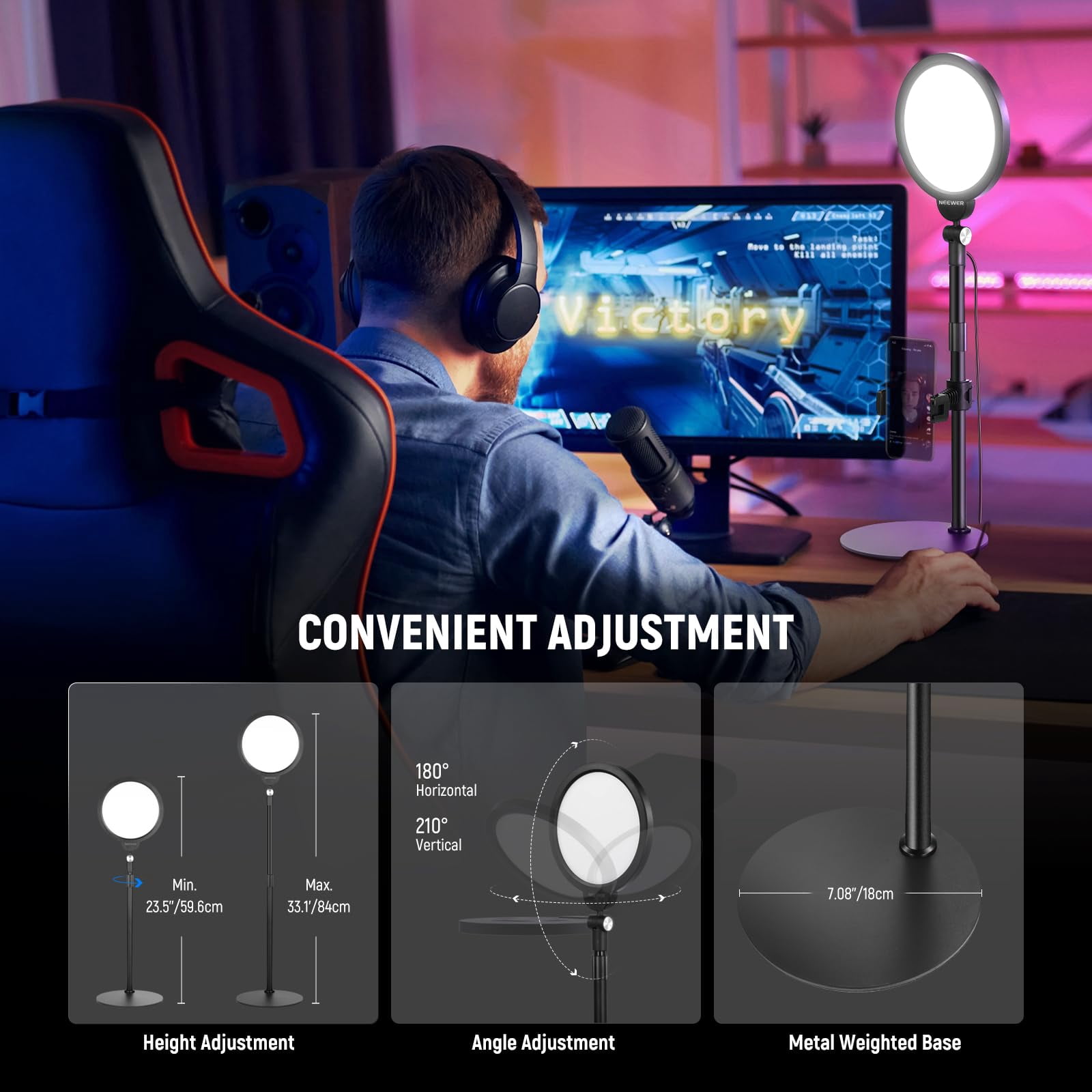 Basics 7" Desk Ring Light For Video Recording  10w Dimmable Full Screen Key Lighting With Stand&phone Holder Computer Laptop Vlog Live Streaming Conference R06