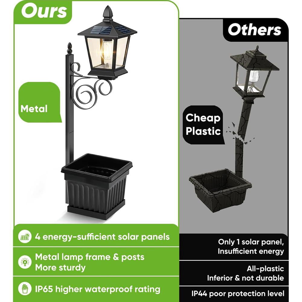 Solar Post Light with Planter, Outdoor Waterproof Garden Lamp with 4 Solar Panels, Auto On Off Lantern for Pathway Yard Patio Decor, 27.2 Inch