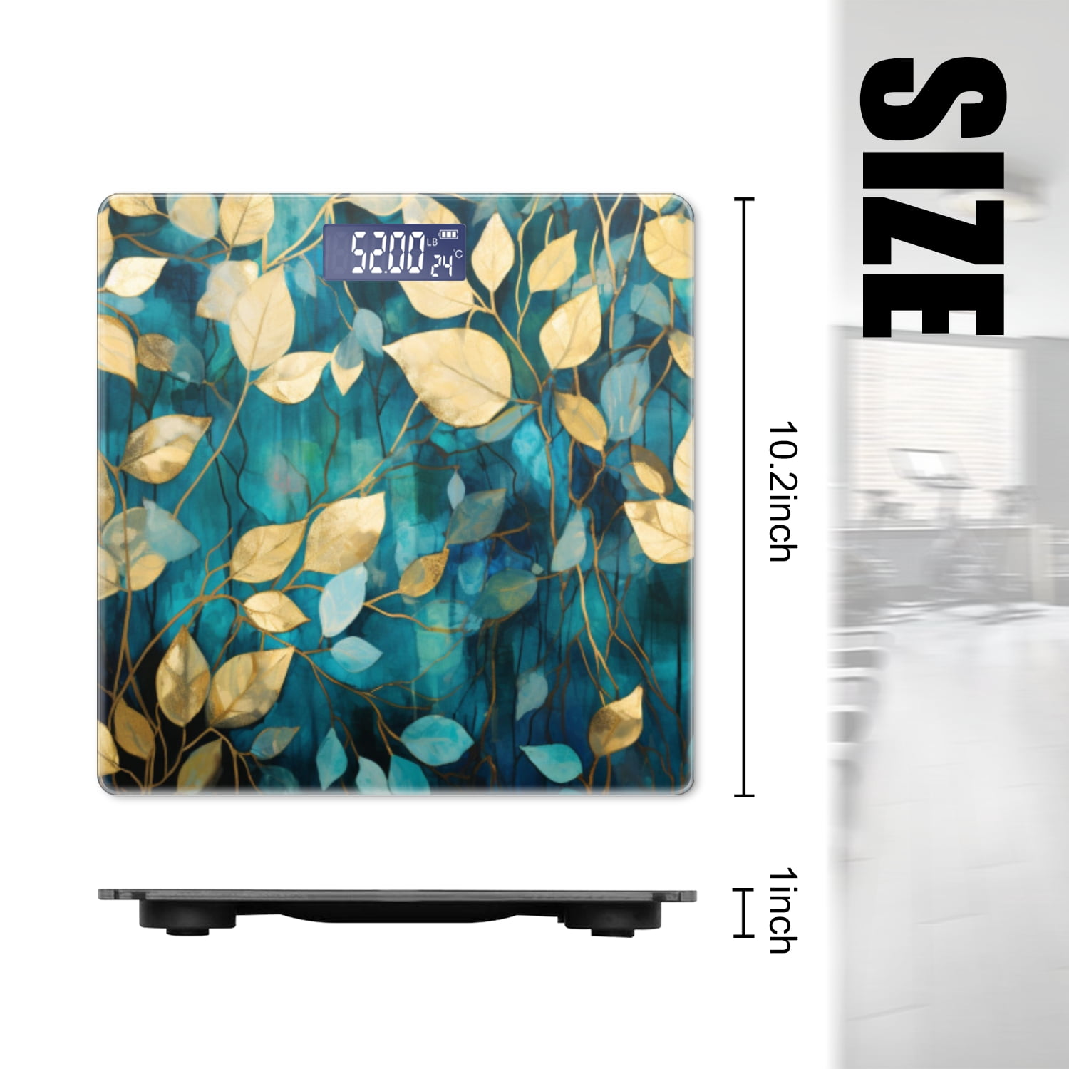 High Precision Body Weight Scale Smart Bathroom Scales with Large LCD Display(400lbs),Decorative for Bedroom-Beautiful Painting Of Golden Leaves On Teal Background