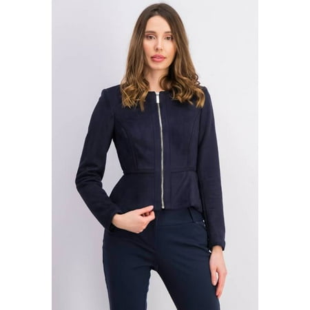 DKNY Women's Blazer Textured Suede Zip-Front Peplum Jacket Classic Blue 12P,$139