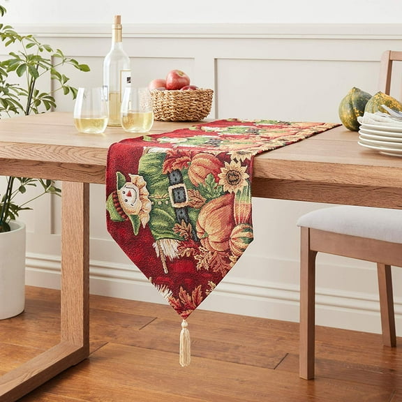 Violet Linen Fall Harvest Thanksgiving Autumn Leaves Sunflowers Fruits Pumpkins Tapestry Pattern, Polyester Cotton Woven Tapestry , Scarecrow, 13 Inch x 70 Inch, Decorative Table Runner