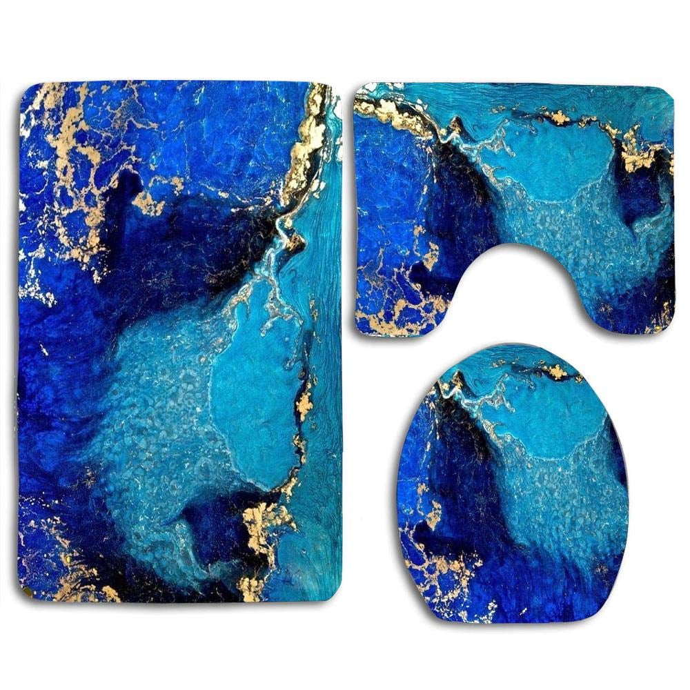 PUDMAD Blue Gold 3 Piece Bathroom Rugs Set Bath Rug Contour Mat and Toilet Lid Cover - Walmart.com