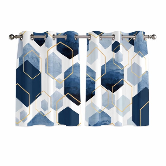 Navy Blue Marble Window Curtains Panels with Silver Grommet,Gold White Geometric Hexagon Modern Kitchen Cafe Curtain Draperies Window Treatment Set for Living Room/Bedroom/Bathroom/Cafe,84x45