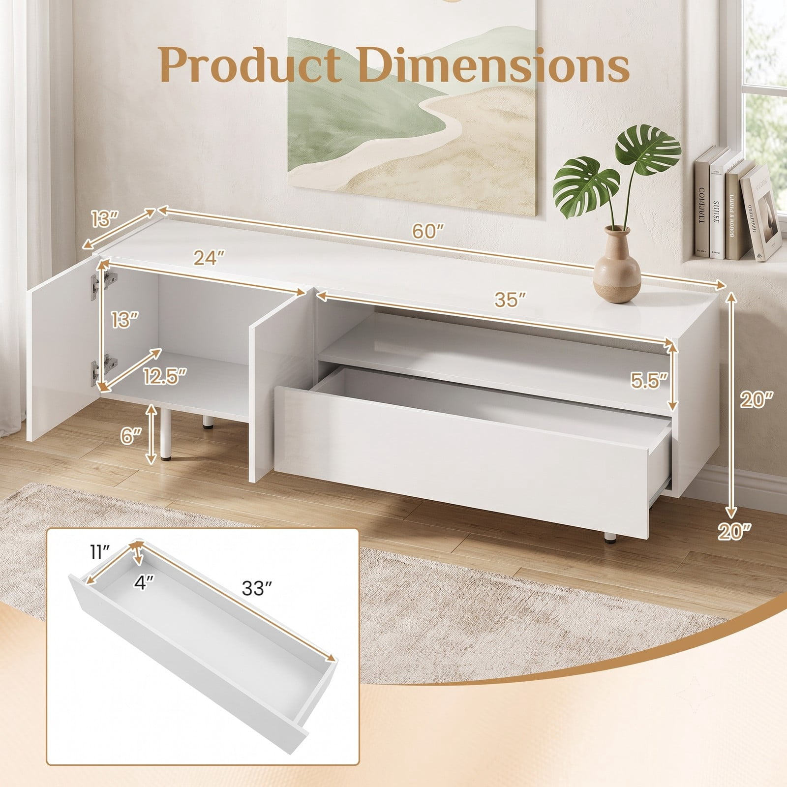 Furnibear 60 inch TV Stand for TVs up to 70 Inch with Storage Cabinet, Adjustable Shelf and Raised Metal Legs, Modern Entertainment Center Media Console for, White