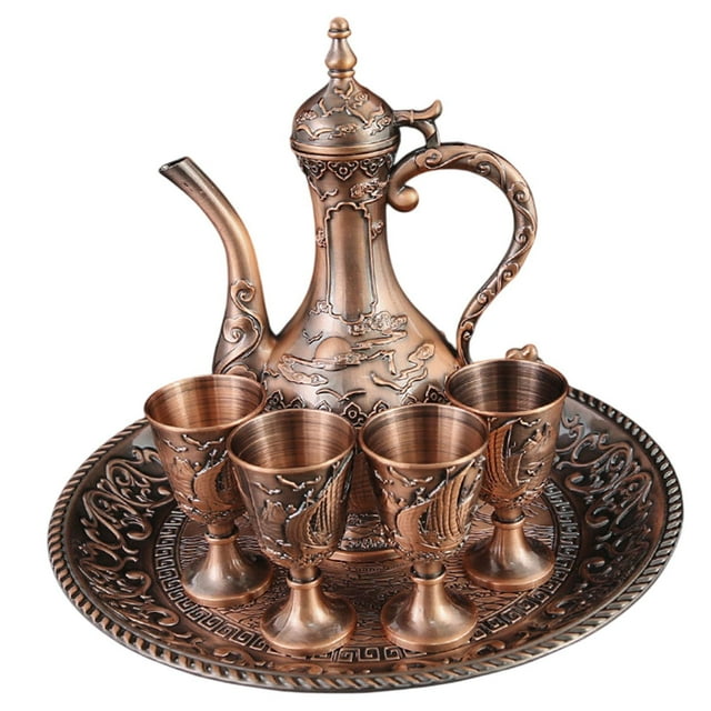 Juego de tetera de vino de Metal Retro con tazas, juego de té de lujo Vintage para fiesta, mesa de comedor, dormitorio, sala de estar, regalo de boda Bronce rojo