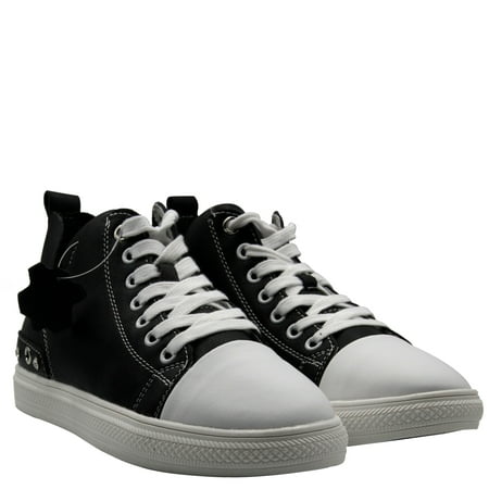 

Women Genuine Leather Mid Top Sneakers Lace Up Shoes Rhinestone Heels Counter Black