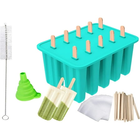Popsicle Molds, BPA Free Food Grade Silicone, Frozen Popsicle Mold, Ice Pop Cream Maker, 10-Cavity Popsicle Maker Mold, Includ 50 Wooden Sticks & Cleaning Brush& Funnel & 100 Popsicle Bags, Lake Blue