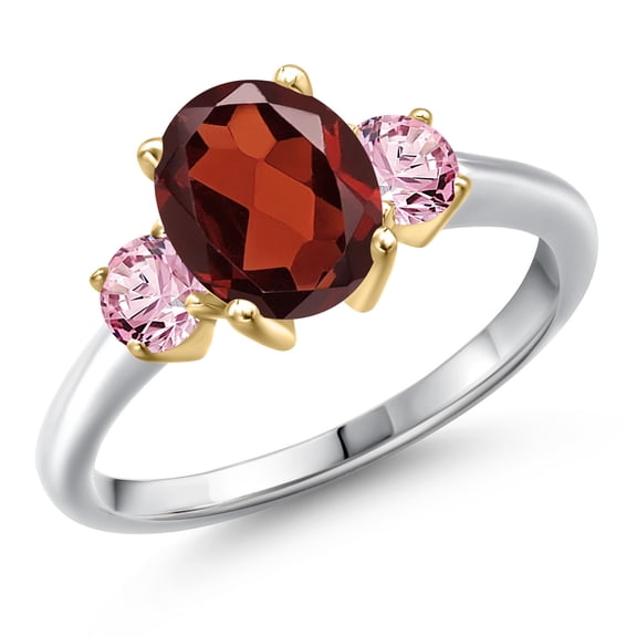 Gem Stone King 10K Two Tone Gold Red Garnet and Pink Lab Grown Diamond Engagement Ring for Women | 2.63 Cttw | Oval 9X7MM | Gemstone January Birthstone | Size 5
