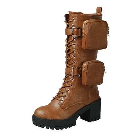 

SNJ New Women s Pocket Combat Lace Up Platform Lug Sole Calf Chunky Block Heel Boot