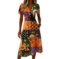 thumbnail image 4 of Halloween Dresses for Women Bat V Neck Ghost Vintage Wrap Dresses Witch Hat Short Sleeve Fall Wedding Guest Dress 2XL, 4 of 5