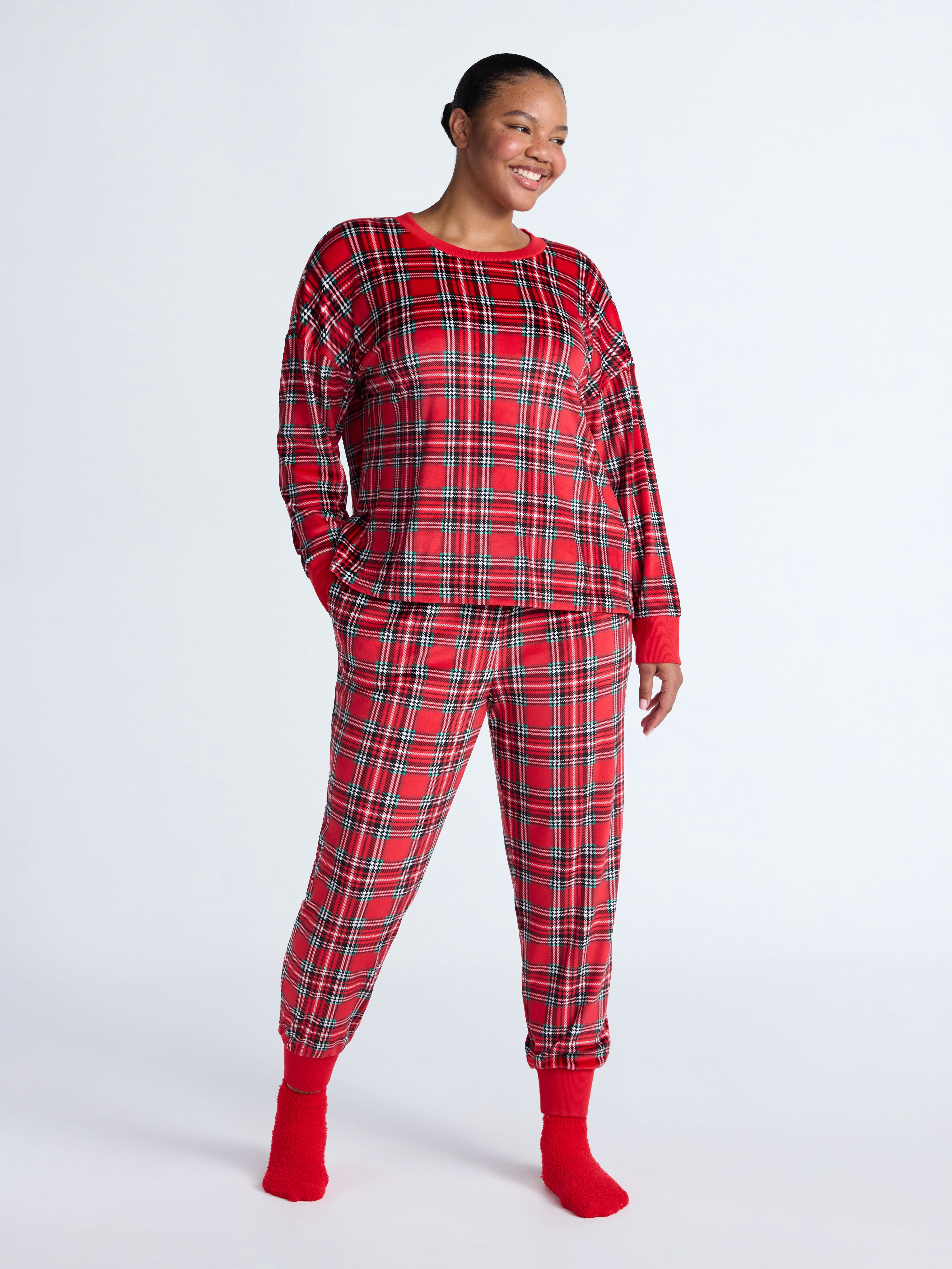 Joyspun Women’s Stretch Velour Long Sleeve Top, Pants, and Socks Pajama Set, 3-Piece, Sizes XS-4X