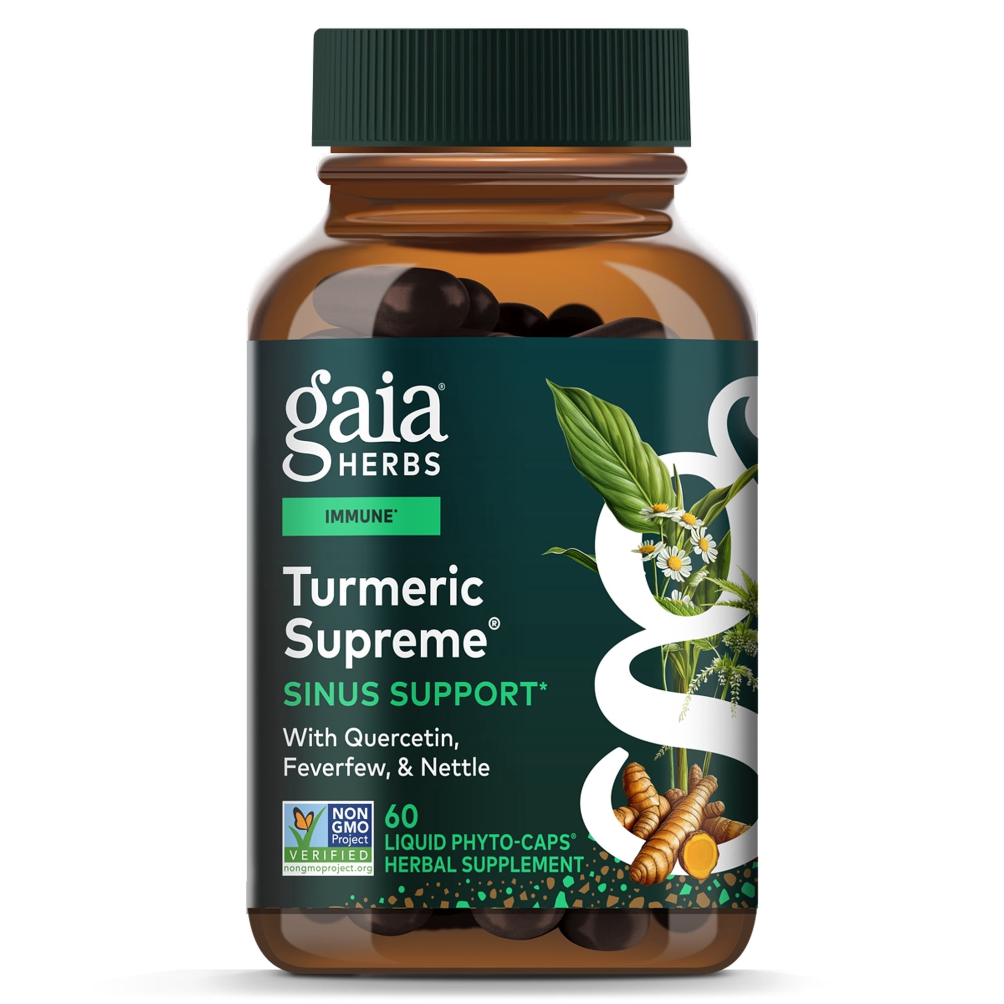 Gaia Herbs Turmeric Supreme Sinus Support - Helps Provide Sinus Relief & Healthy Response* - With Quercetin, Curcuminoids from Turmeric, Black Pepper & More - 60 Vegan Liquid Phyto-Caps (20 Servings)