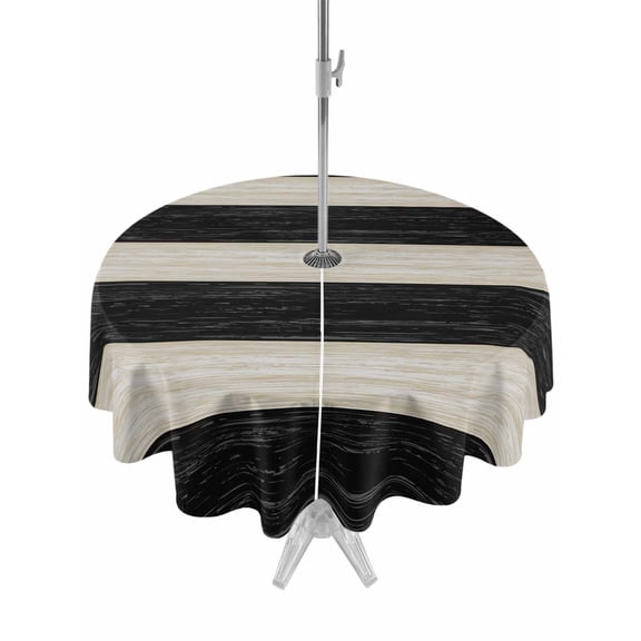 Outdoor Tablecloth with Umbrella Hole Zipper Black White Striped Round Tablecloth 60" Waterproof Outside Table Cloth Farmhouse Vintage Shabby Chic Wood Grain Patio Table Cover Tablecloths for Picnic