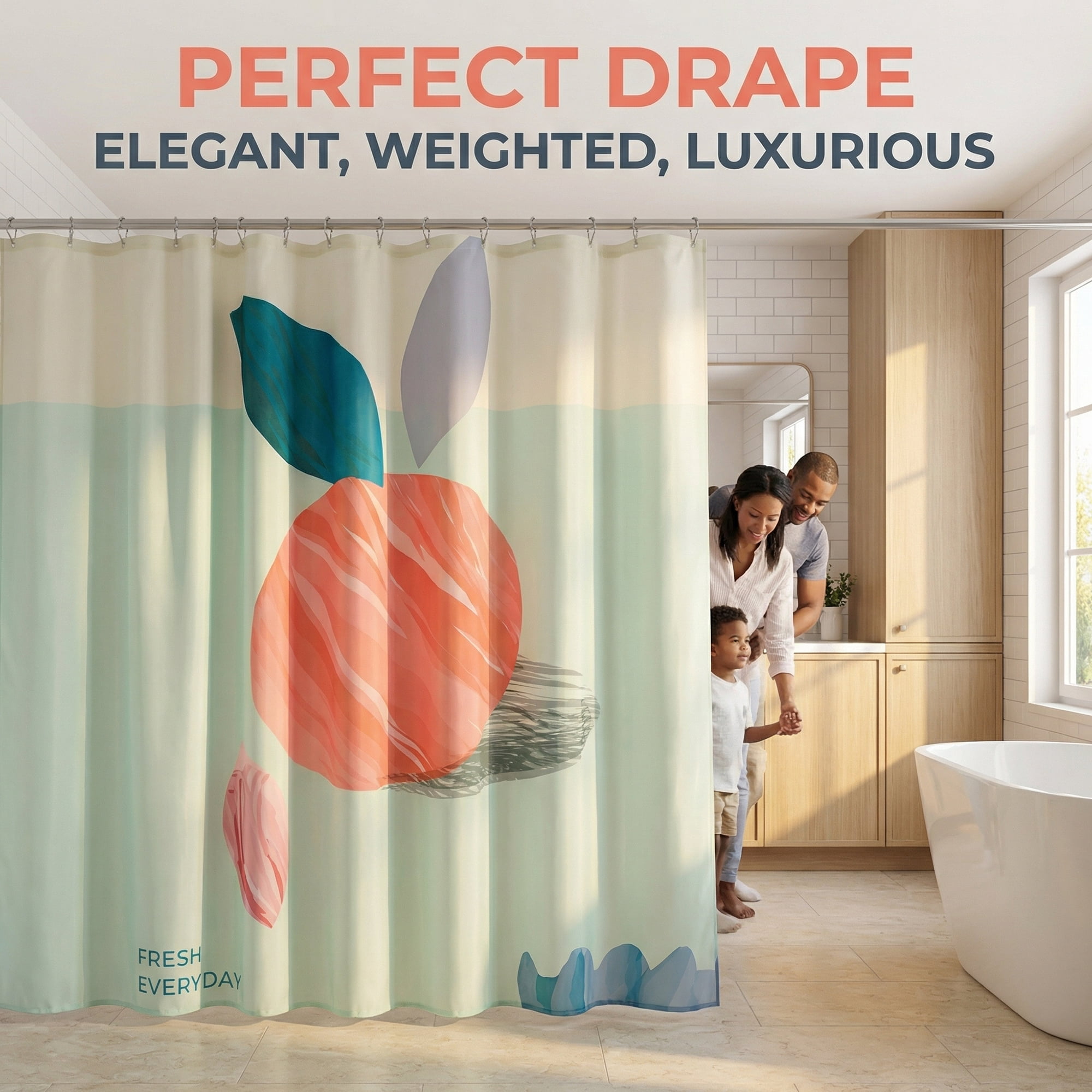 Unique Bargains Cute Print Shower Curtain Sets with Hooks Orange Fruit 71"W x 71"L