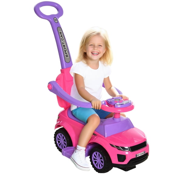 Beyamis 2-in-1 Toddler Push Car Ride-On Toy - Stroller & Sliding Car with Horn, Music, Lights & Secure Bar, for Boys & Girls 1-3 Years Old, Pink