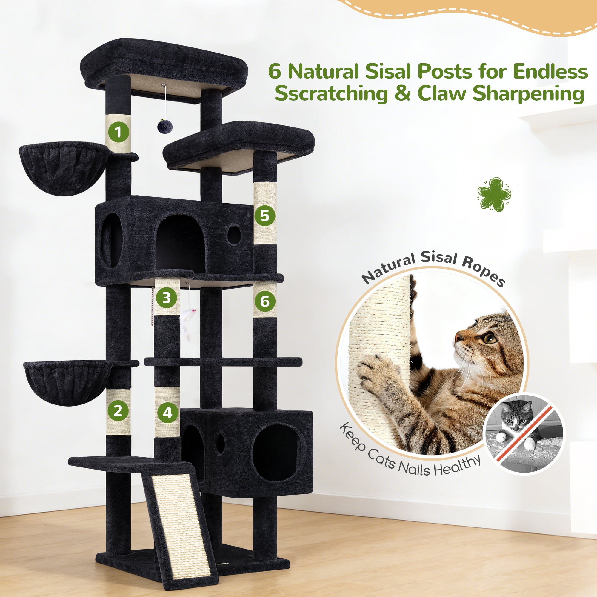 Globlazer 77" Large Cat Tree and Tower Condo for Indoor Cats with Sisal Scratching Posts, Condos, Hammock & Hammock, Light Gray Dark Gray