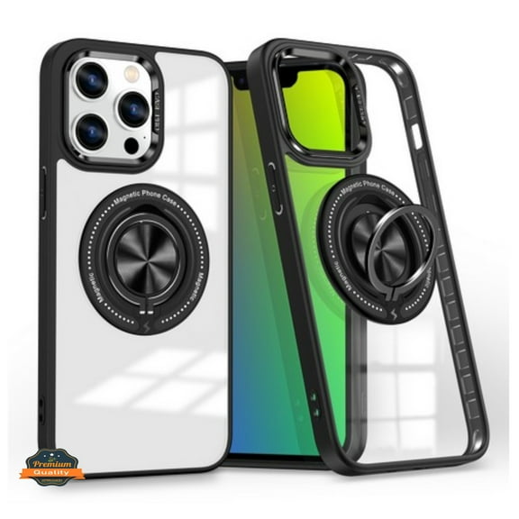 Phone Case for Apple iPhone 15 Pro Max (6.7") Clear Transparent Back Hybrid with Rotate Ring Stand & MagSafe Compatible Shockproof Slim TPU Cover [Black]
