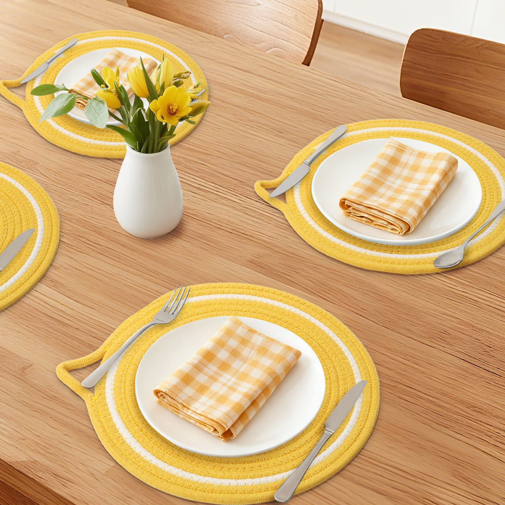 Unique Bargains Set of 6 Farmhouse Round Woven Placemats for Dining Table Decor Yellow