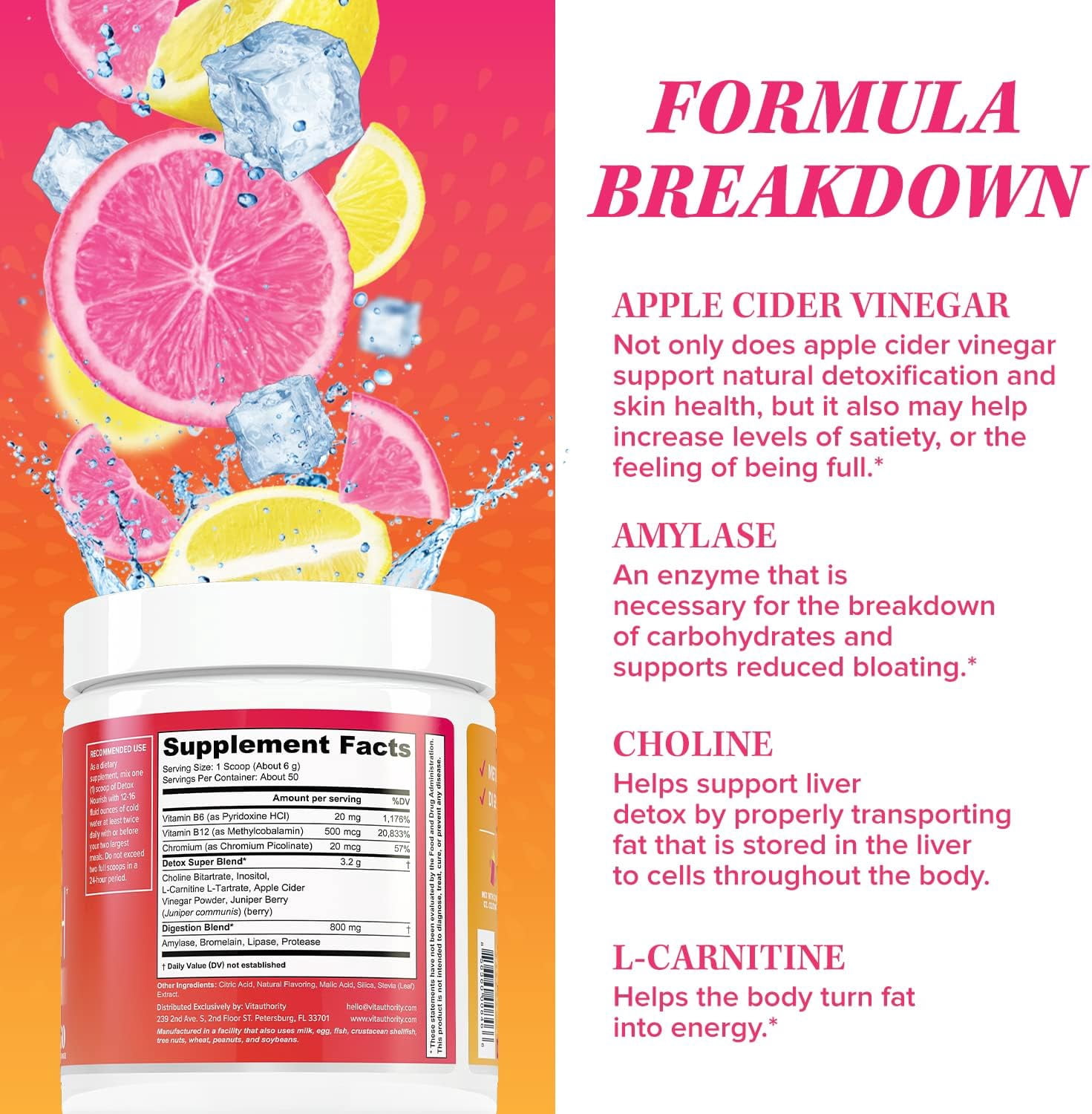Vitauthority Detox Nourish Dietary Supplement Powder, Metabolism Support & Digestion Aid, Pink Lemonade, 10.9 oz