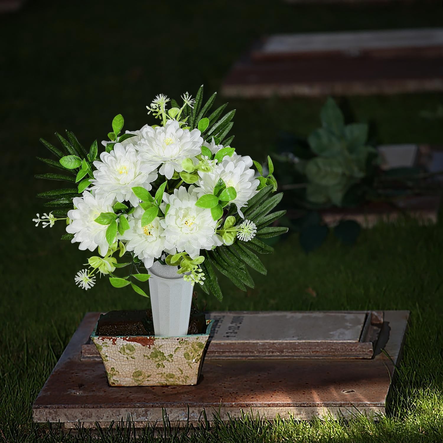 Artificial Cemetery Flowers for Grave, Set of 2 Artificial Memorial Flowers with Vase for Outdoor Cemetery Headstones Graveyard Gravestone Decoration (Red Lily&White Purple Peony)