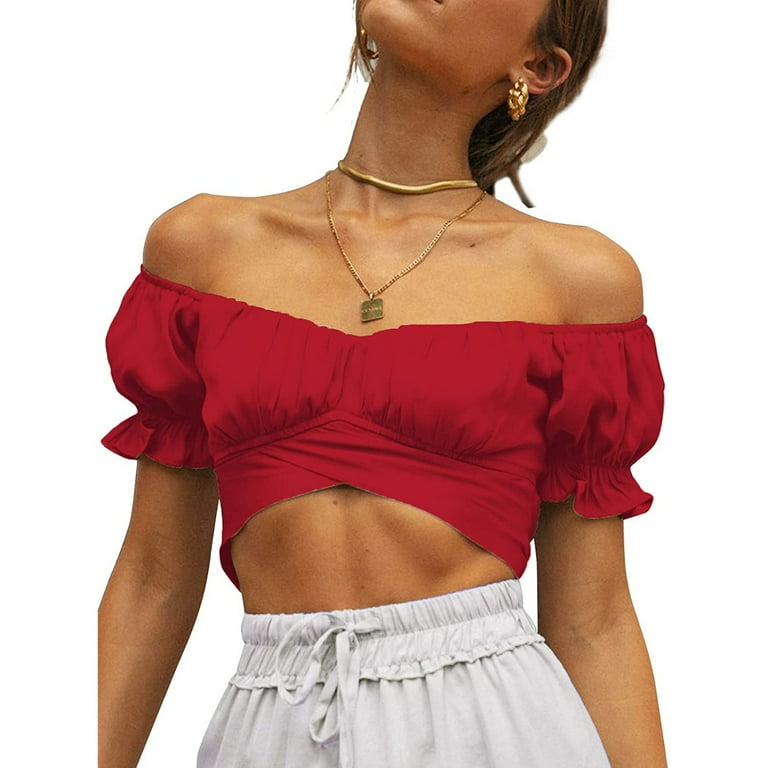 Entyinea Womens Summer Crop Tops Casual Solid Color Ruffle Short Sleeve  Shirts Red XL 