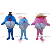 3 colorful whale mascots, 3 giant fish