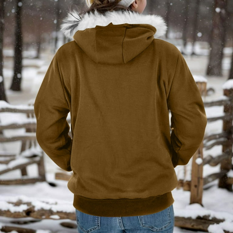 DDAPJ pyju Womens Faux Fur Trim Hooded Sweatshirt Jacket
