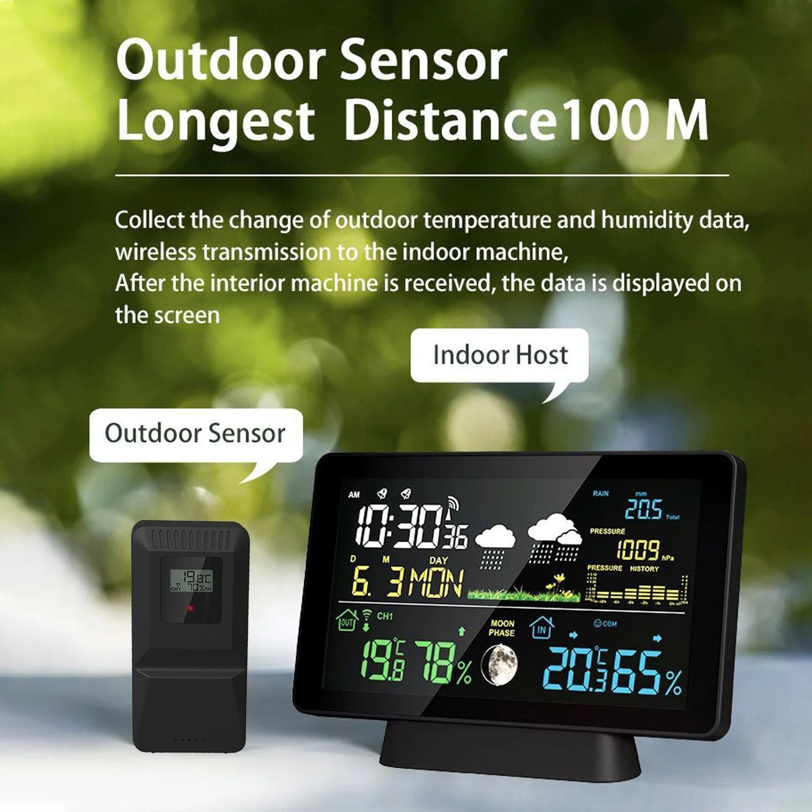 Indoor/Outdoor Wireless Weather Station Thermometer Time Date Radio Signal Air Pressure Moon Phase Rain Gauge Weather Forecast