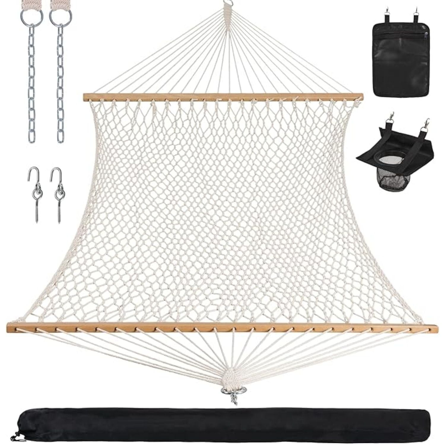 Rope Hammock Double Hammock with Hardwood Spreader Bar and Carrying Bag, 450 LBS Weight Capacity for Two Person, Natural