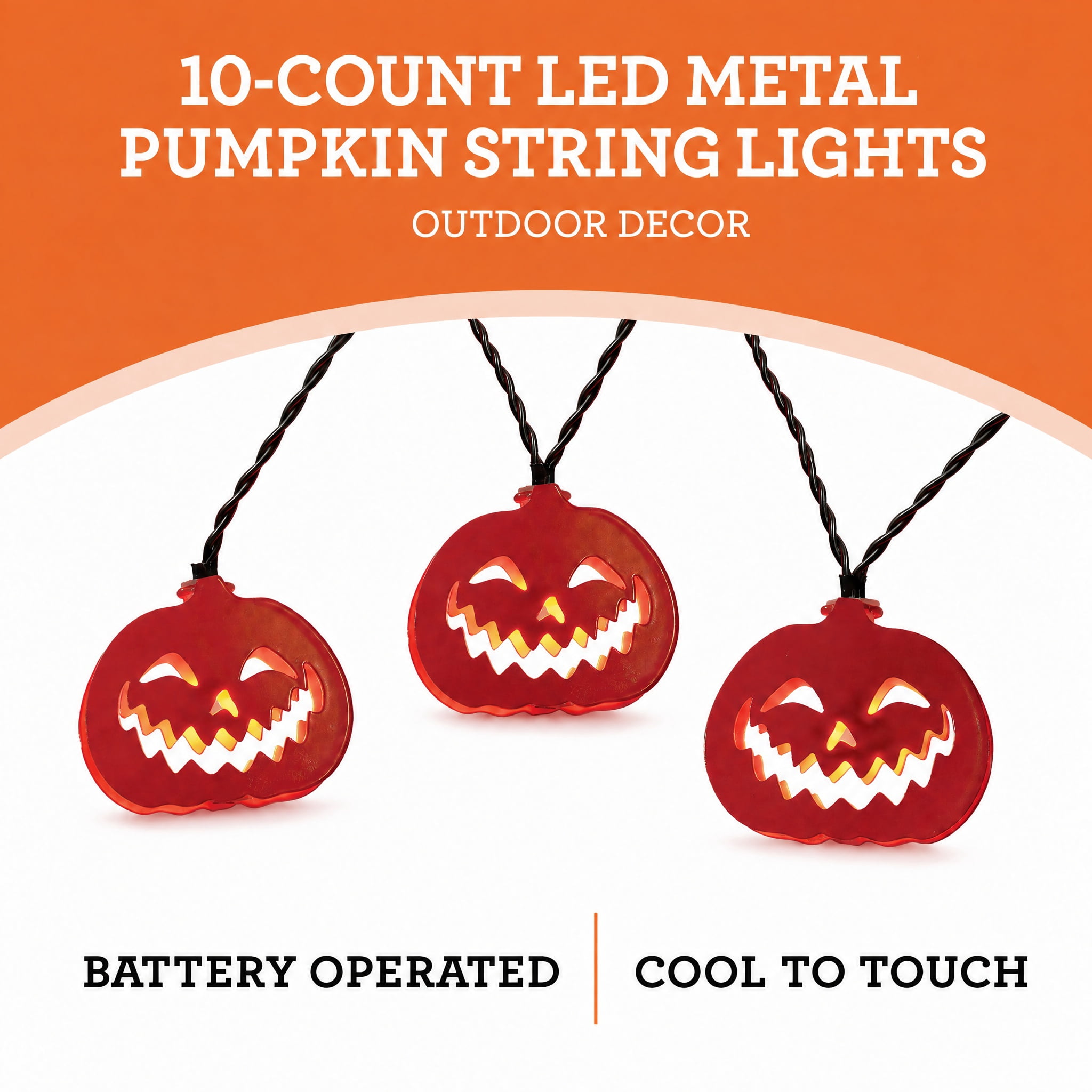 Indoor 10-Count Battery-Operated LED Metal Pumpkin String Lights, Orange, 4.5', Halloween by Way To Celebrate