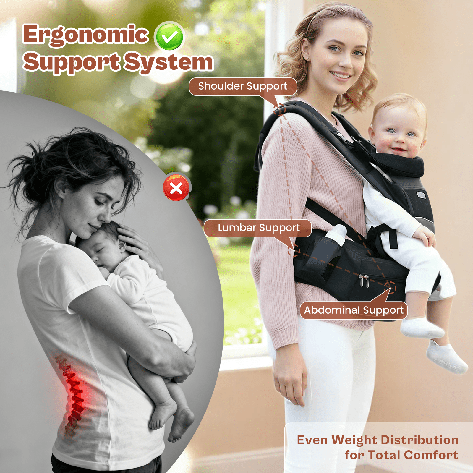 Baby Carrier with Hip Seat Ergonomic M Position 6-in-1 Baby Wraps Carrier Adjustable Holder Newborn to Toddler with Head Support and Breathable Mesh, Black