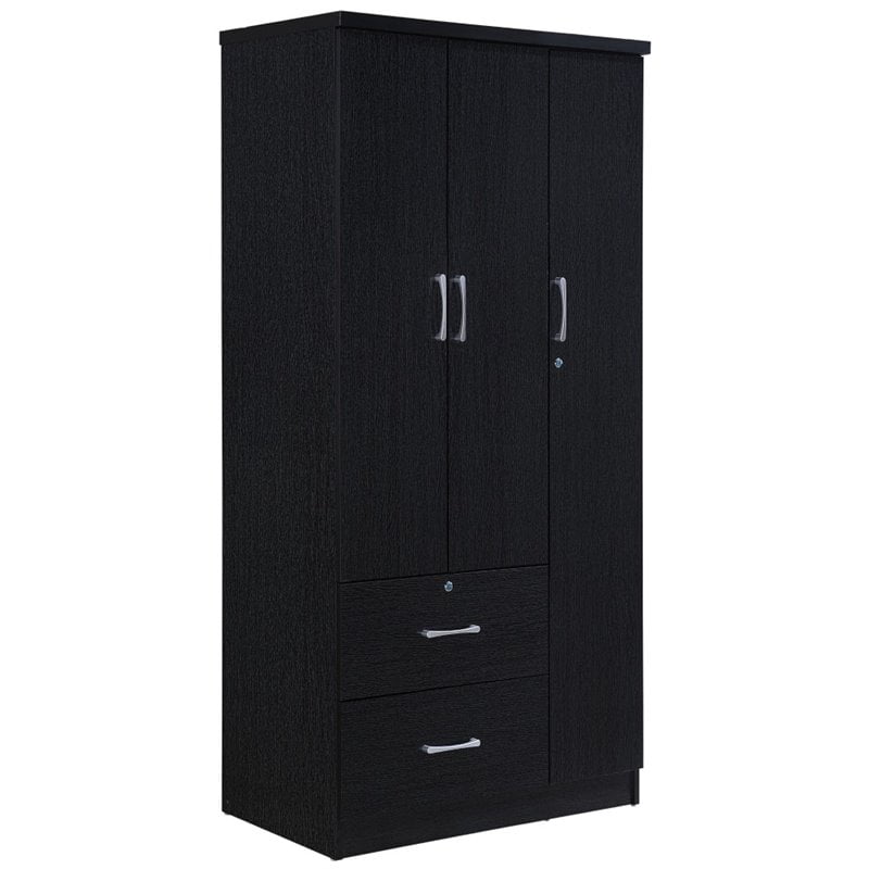 Hodedah 3Door 36 in. Wide Armoire with 2Drawers, Clothing Rod and 3