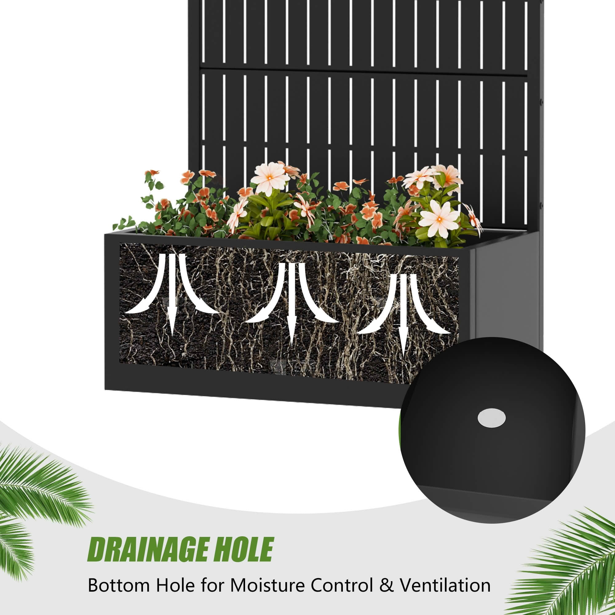 MAYEERTY 59X30" Metal Outdoor Black Privacy Screen with Planter Box for Backyard & Garden, 4 Piece Set, Double‑sided Installation