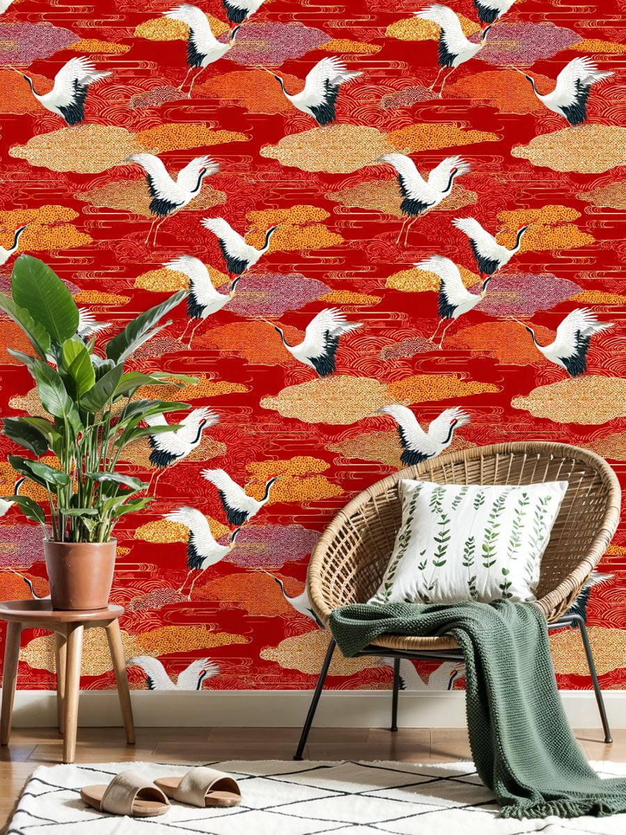 Crane Peel and Stick Wallpaper 23.6in x 9.8ft Elegant Japanese Red crowned Cranes Contact Paper Vinyl Waterproof Self Adhesive Wall Paper for Bedroom Shelf Cabinet Renter Friendly