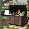 thumbnail image 4 of Uforic 134 Gallon Resin Deck Box, Waterproof Lockable Outdoor Storage Chest, Multifunctional Patio Storage Bench for Cushions, Garden Tools and Pool Supplies, Dark Brown & Wood-Grain Brown, 4 of 6