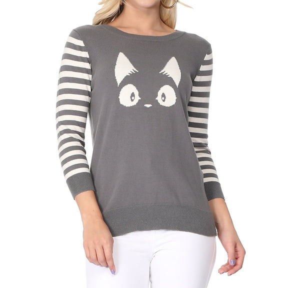 YEMAK Women's Kitty Cat Face 3/4 Sleeve Crewneck Casual Pullover Sweater MK3375-GREY-L