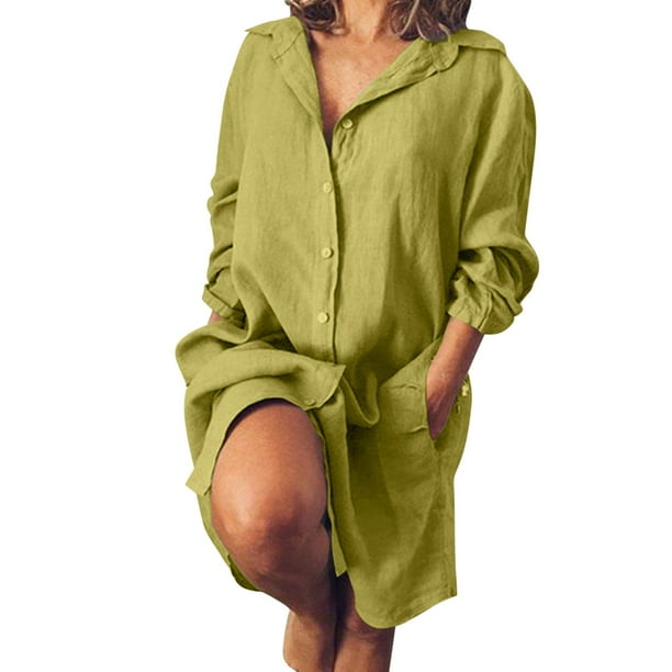 Vestido camisero informal holgado largo para mujer - Poliéster, manga larga, cuello vuelto, para todas las estaciones