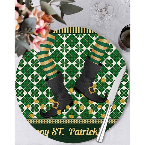 15 Inch Round Placemats Set of 4, Happy St. Patrick's Non Slip Heat Insulation PP Table Mats, Cute Legs Coin Green Shamrock Leaves Washable Place Mats for Kitchen Dining Party Table Decor