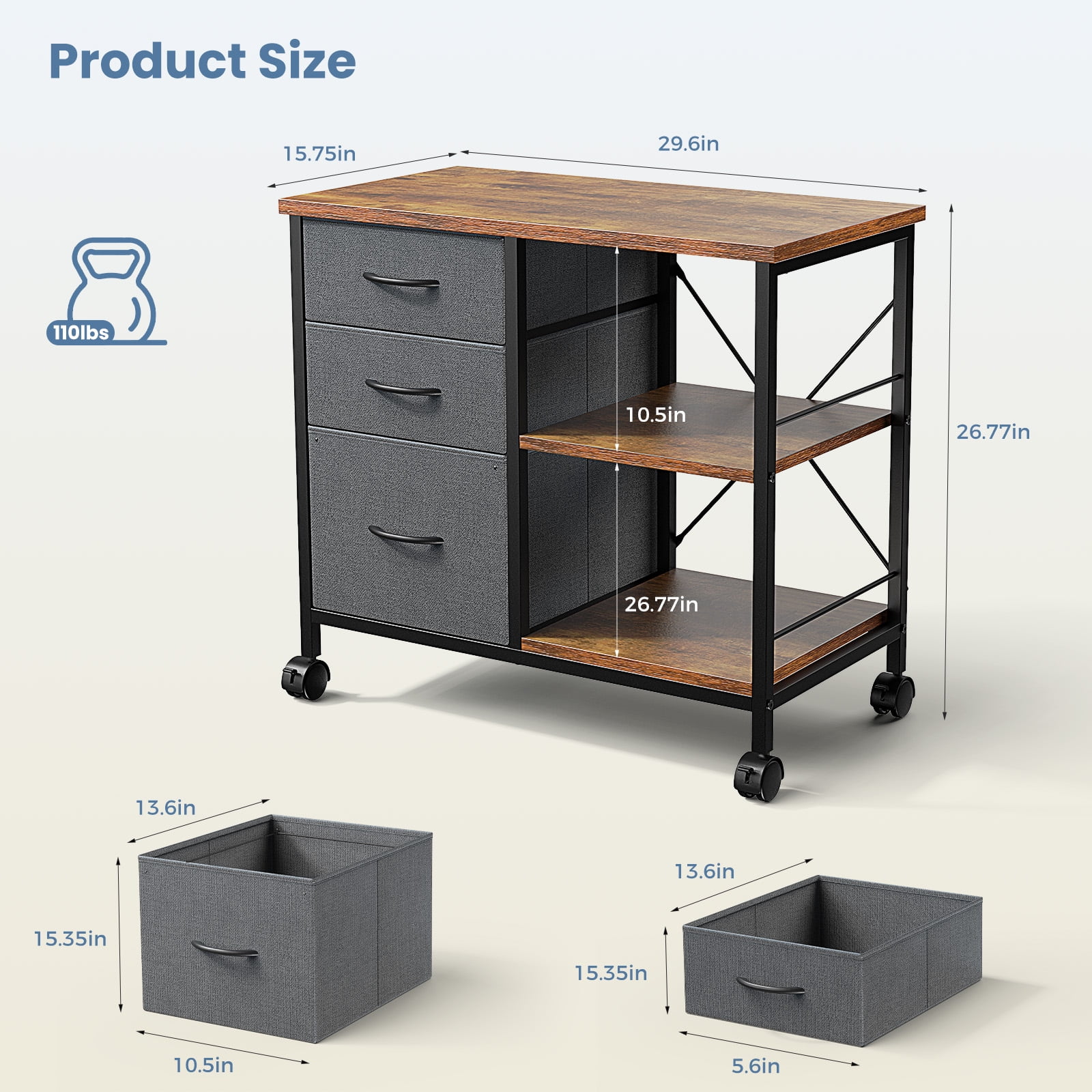 CONCETTA 3-Drawer Rolling File Cabinet with Open Shelf, Fabric Filing Storage for Home Office,Rust