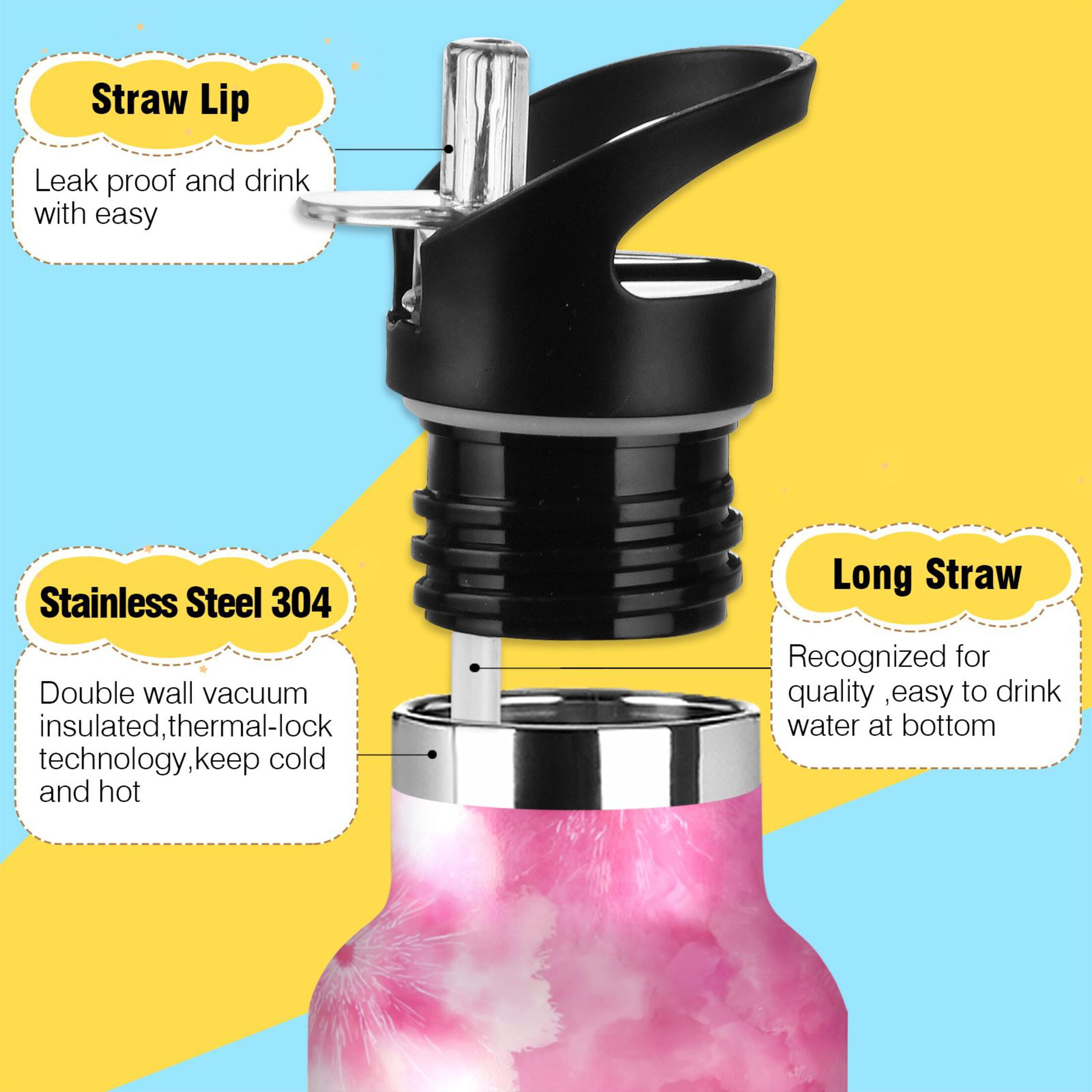 600ML Stainless Steel Insulated Cup Sports Water Bottle Portable Thermos Cup Water Glasses Insulated Tumblers Convenient and Durable Pink Pattern Beautiful