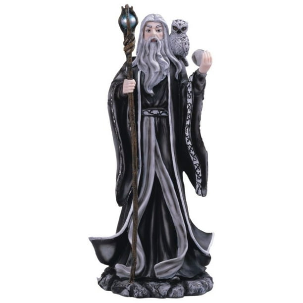Black Robe Standing Wizard Holding Owl Collectible Figurine Statue