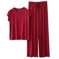 thumbnail image 1 of Women Homewear Solid Color Loose Pajamas Short Sleeve T Shirt Drawstring Wide Leg Pants Sleepwear 2 Piece Set, 1 of 6