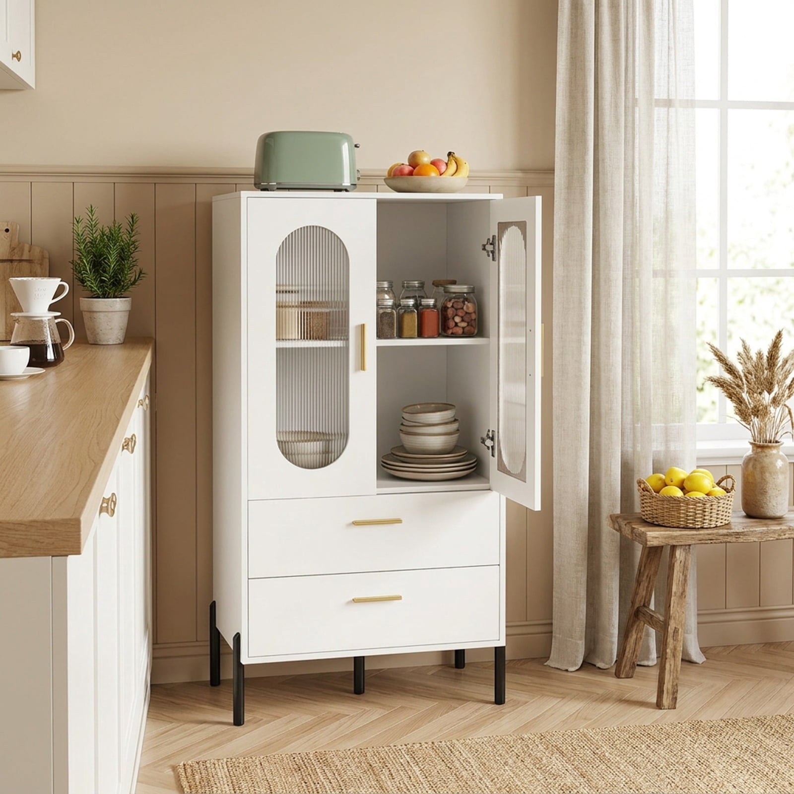 Furnibear Modern Sideboard Buffet Cabinet with Fluted Doors for Kitchen Dining Living Room Buffet Storage Server, White