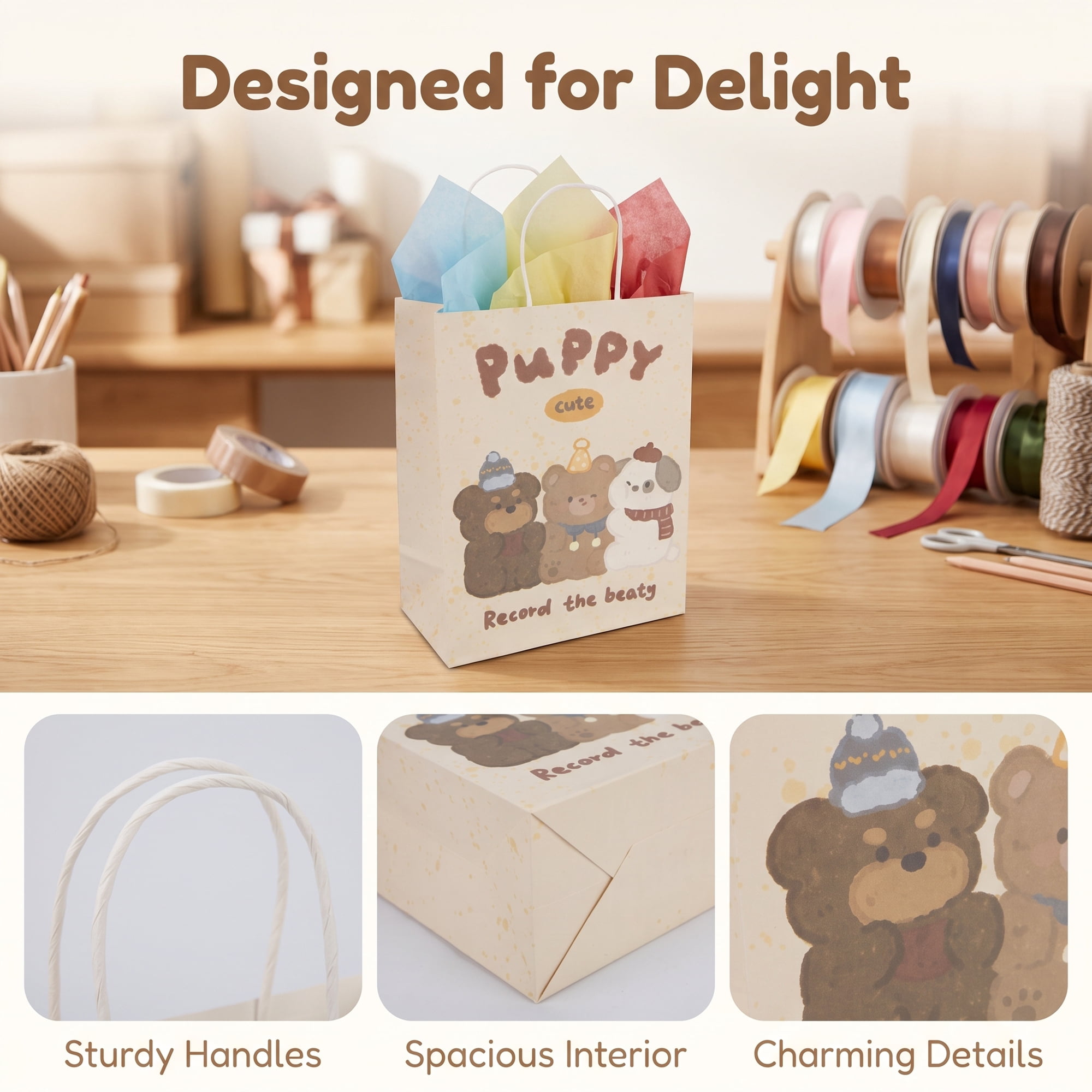 Unique Bargains Cartoon Gift Bags with Handles for Occasions Beige 8.3" x 4.3" x 10.6"