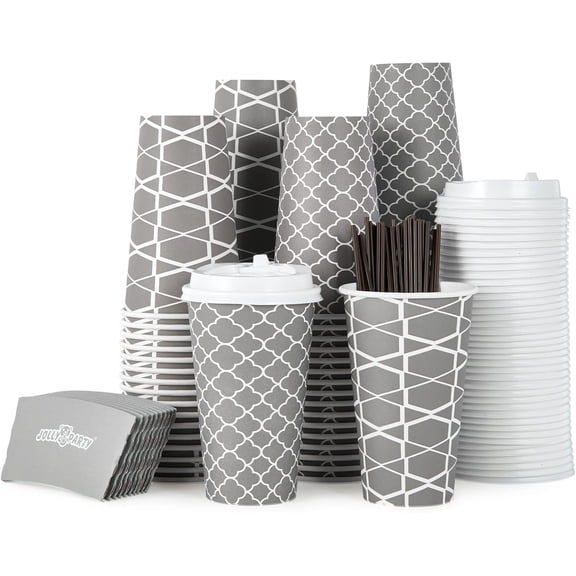 [100 Sets] 16 oz Paper Coffee Cups Disposable with Lids Sleeves and Straws Hot Cold Beverage Drinking Cup for Water or Tea To Go Suitable Office Travel