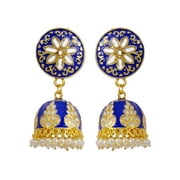 Crunchy Fashion Bollywood Jewellery Traditional Ethnic Bridal Bride Wedding Bridesmaid Traditional Gold plated Blue Meenakari Enamel Kundan Floral Earrings For Women's & Girl's