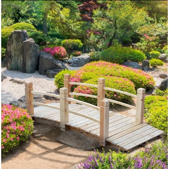5 Ft Natural Wooden Garden Bridge Arc Stained Finish Footbridge with Railings Outdoor Decor for Backyard Patio Lawn  RLB
