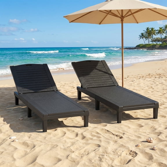 Outdoor Chaise Lounge Chairs Set of 2, Patio Lounge Chair with 5-Position Adjustable Backrest, Waterproof PP Sun Loungers for Garden Pool Beach Patio Deck Sunbathing, Black