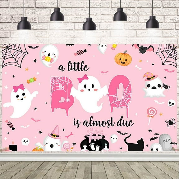 Halloween Baby Shower Backdrop Pink a Little Boo is Almost Due Photography Background Spider Web Ghost Castle Pumpkin Girl Halloween Baby Shower Party Decorations Banner Photo Booth Props